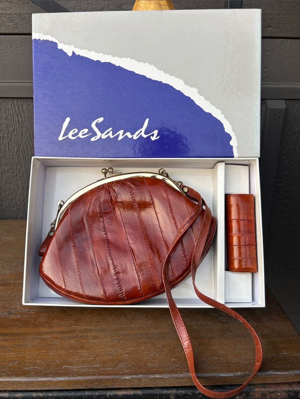 Lee Sands Brown Eel Leather Clutch with Removable Crossbody Strap